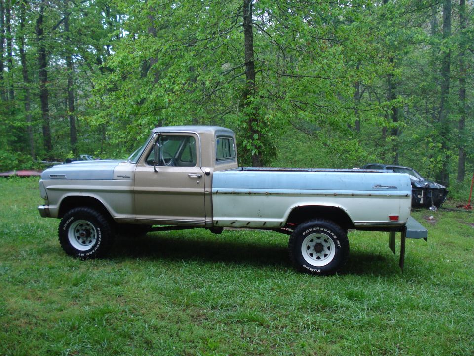 1967 Ford F-250 pickup truck, side view, tan and blue two-tone paint