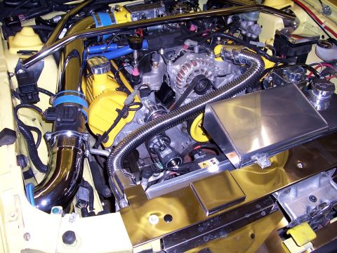 2002 Ford Mustang - Customized engine bay features chrome intake piping and bright yellow valve covers.