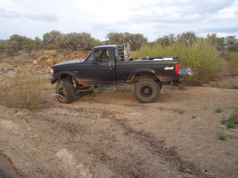 1994 Ford F-150 - This modified 1994 Ford F-150 pickup truck is shown off-road with large tires and lifted suspension.