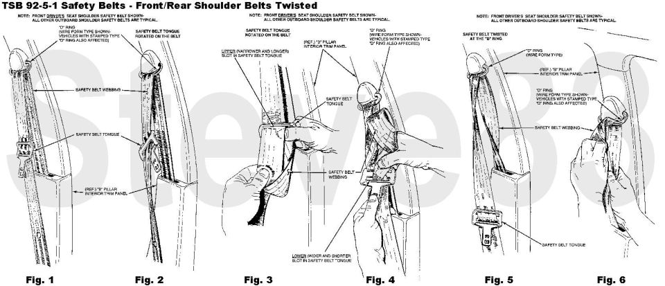 Technical service bulletin diagram showing twisted seat belt fixes