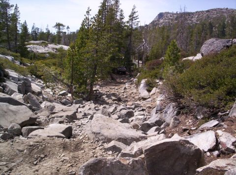 1989 Ford Bronco - A vehicle navigates a rocky off-road trail through a wooded, mountainous area.