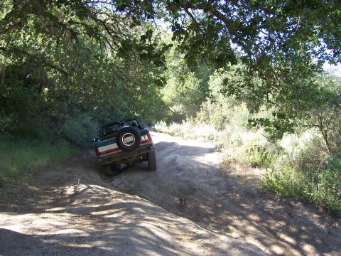 1991 Ford Bronco - A green Ford Bronco navigates a dusty, off-road trail under a canopy of trees.