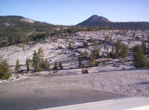 1989 Ford Bronco - A vast, rocky terrain dotted with pine trees stretches towards a distant mountain under a bright, clear sky.