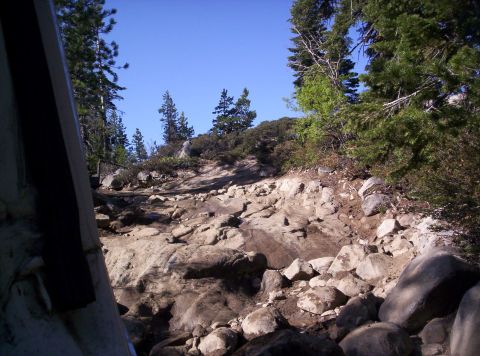 1989 Ford Bronco - Navigating a challenging, boulder-strewn path through a wooded mountainside under a clear blue sky.