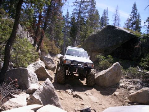 1989 Ford Bronco - This SUV is tackling a challenging off-road path with large boulders and trees surrounding it.