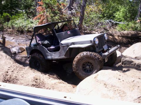 1989 Ford Bronco - This vintage Jeep is tackling a challenging off-road course with large tires and a roll cage.