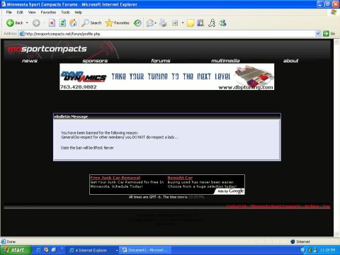 1989 Ford Probe - A screenshot shows a forum website with a bulletin message about a user ban and various advertisements.