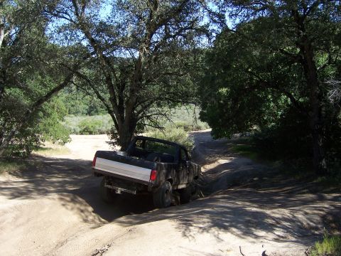 1991 Ford Bronco - A Ford Bronco navigates a challenging off-road trail, with trees providing shade over the dusty path.