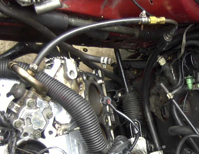 Close-up of engine bay hoses and metal parts, some black corrugated tubing visible