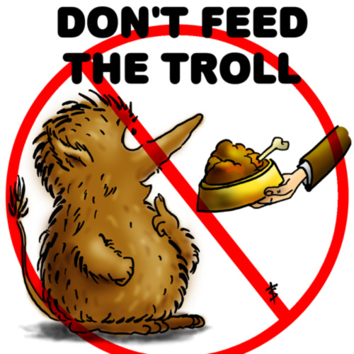 Cartoon kiwi bird with food bowl under a no-feeding sign