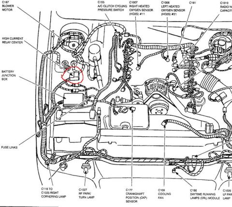 1999 Ford Crown Victoria - Underhood component/connector location view identifying right & left heated oxygen sensors (HO2S #11/#21), crankshaft position (CKP) sensor…