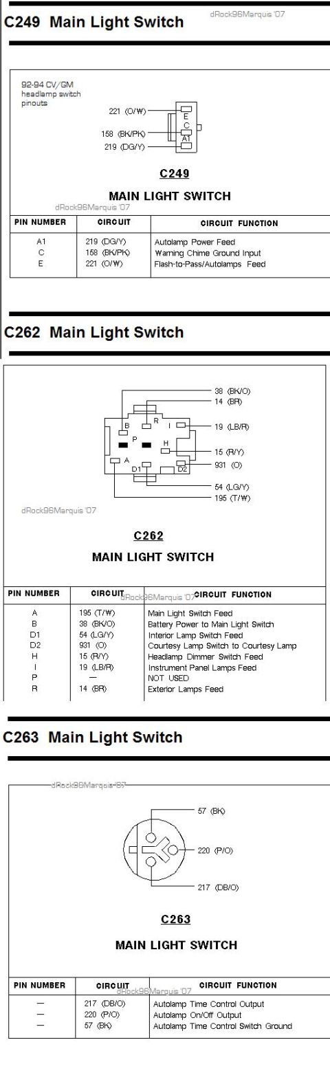 1996 Mercury Grand Marquis - 1992-1994 CV/GM headlamp switch pinouts