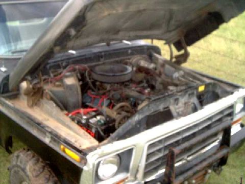 1978 Ford Bronco - Front view of a 1978 Ford Bronco's engine compartment, hood raised.