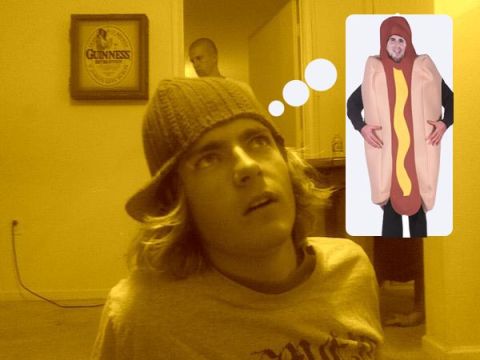 1997 Ford Probe - A man wearing a hot dog costume is pictured in a thought bubble above a person looking up.