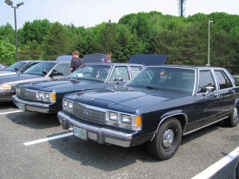 1991 Ford LTD Crown Victoria - Several dark blue sedans are parked in a lot with trees in the background.