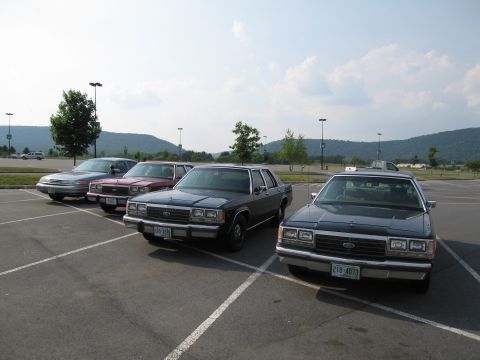 1991 Ford LTD Crown Victoria - Several sedans are parked in a lot under a cloudy sky.