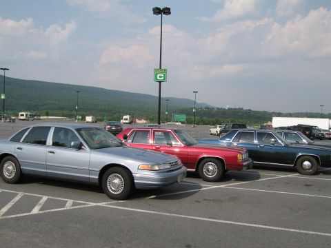 1991 Ford LTD Crown Victoria - A row of sedans are parked in a large lot under a cloudy sky with mountains in the background.