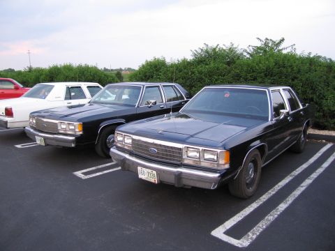 1991 Ford LTD Crown Victoria - Two dark sedans and a white car are parked in a lot with a hedge in the background.
