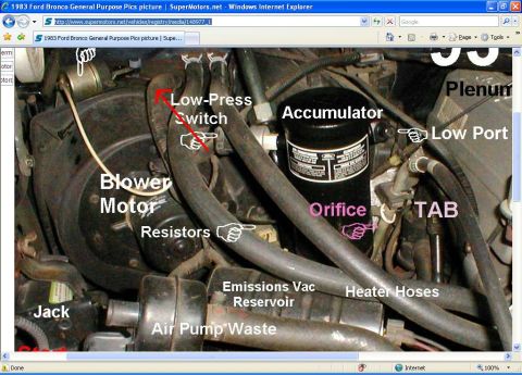1991 Ford Bronco - Engine bay components are labeled in this close-up view.