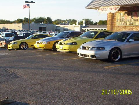 2003 Ford Mustang - Several yellow and silver Ford Mustangs are parked in a lot outside a building with window tinting services.