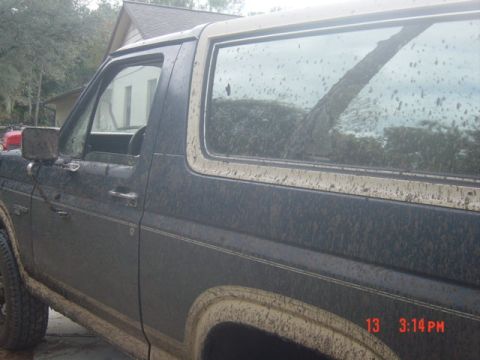 1986 Ford Bronco - A muddy Ford Bronco is parked outside a house, showing its side profile and tan roof trim.
