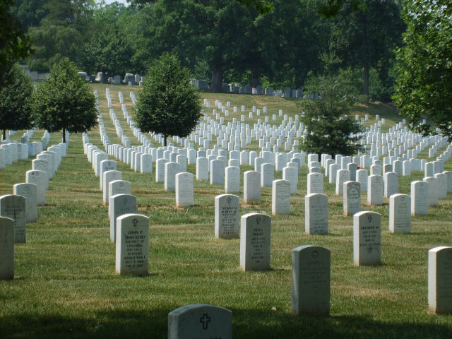 Rows of white headstones in a grassy cemetery with trees