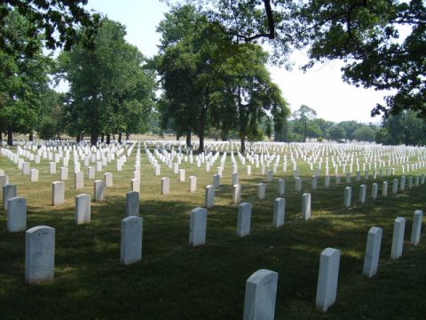 2004 Ford Crown Victoria - A vast expanse of white headstones stretches across a grassy field under a clear sky.