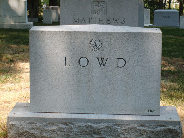 Gravestones with names LOWD and MATTHEWS, and a Masonic symbol