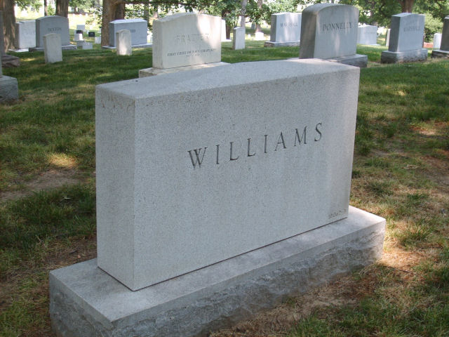 Tombstone with 'WILLIAMS' engraved on it, set in a grassy cemetery with other headstones visible