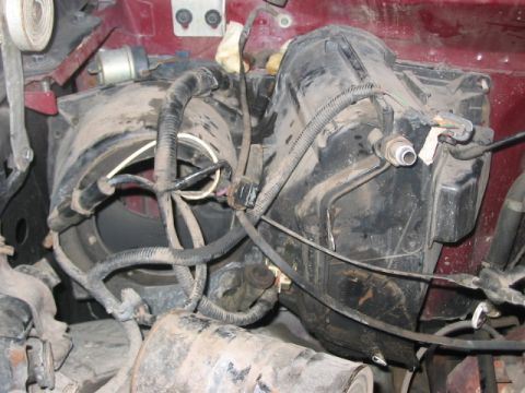 1991 Ford Bronco - Close-up view of the HVAC blower motor housing and associated wiring under the hood of a vehicle.