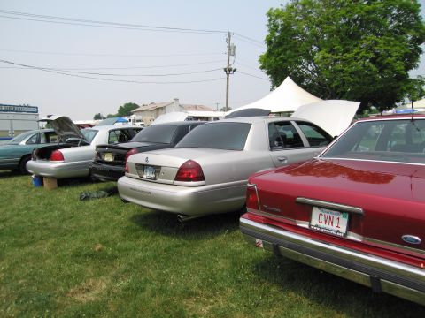 1991 Ford LTD Crown Victoria - Several sedans are parked on a grassy field, with one silver sedan prominently displaying its open trunk and a license plate reading CVN 1.