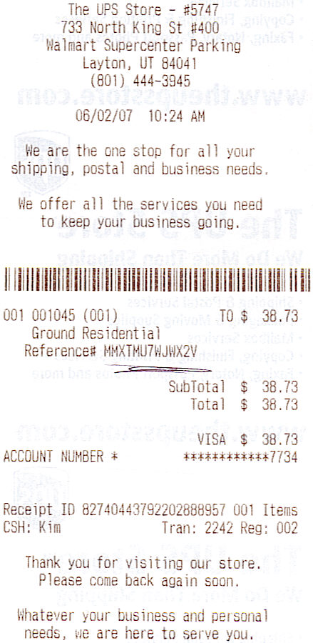 1991 Ford Bronco - This receipt details a ground residential shipping charge from The UPS Store.