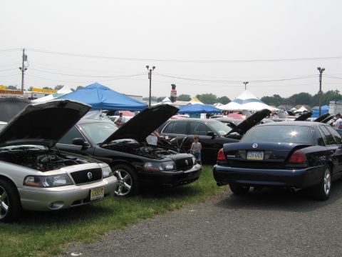 1991 Ford LTD Crown Victoria - Several Ford Crown Victorias are displayed with their hoods open at an outdoor car show.