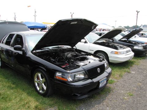 1991 Ford LTD Crown Victoria - Several sedans with hoods open are parked in a row on a grassy area.