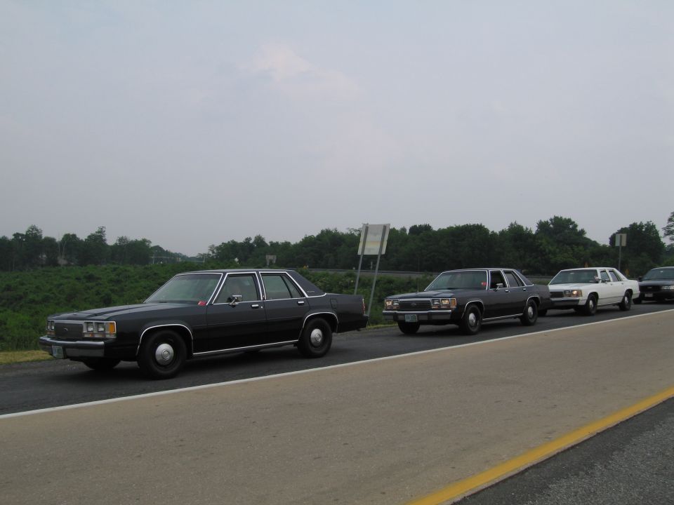 Four Ford Crown Victorias in a line on a highway. The first car is black, followed by two dark-colored cars and a white car
