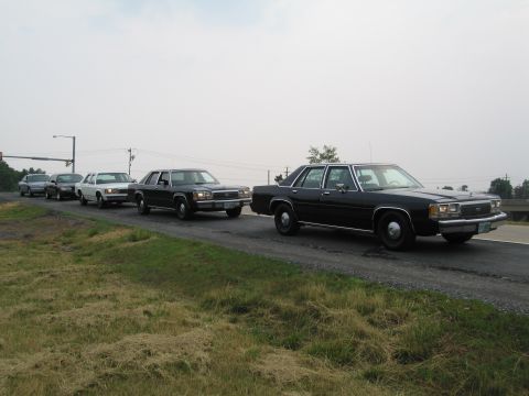 1991 Ford LTD Crown Victoria - A line of Ford Crown Victoria police cars drives down a road. The lead vehicle is black.
