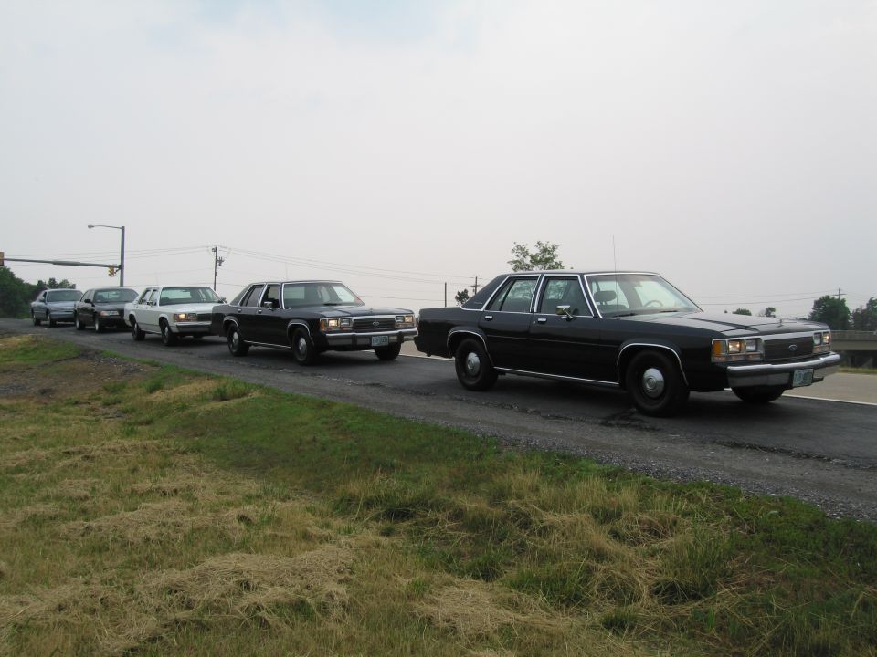 Black 1991 Ford Crown Victoria police car in a line of similar vehicles