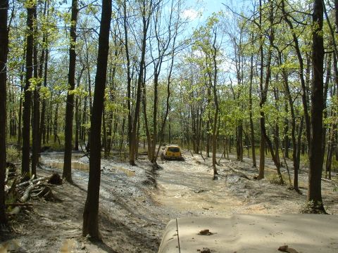 1991 Ford Bronco - Two SUVs navigate a wet and muddy path surrounded by trees.