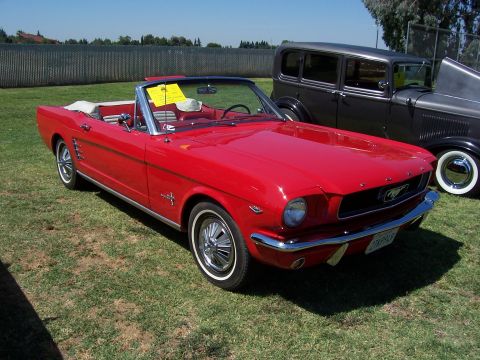 2002 Ford Mustang - A red convertible is parked on a grassy field next to another classic car.
