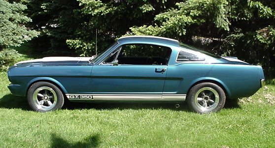 Blue 1965 Ford Mustang GT350 side view with white racing stripes