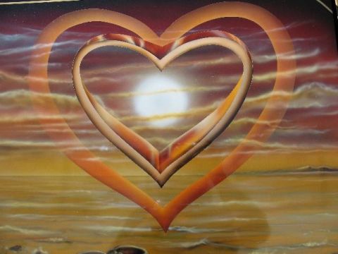 1978 Ford E250 - Airbrushed artwork depicts two heart shapes against a sunset sky and ocean backdrop.