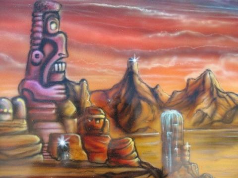 1978 Ford E250 - This airbrushed artwork depicts a surreal desert landscape with stylized figures and geological formations under a dramatic sky.