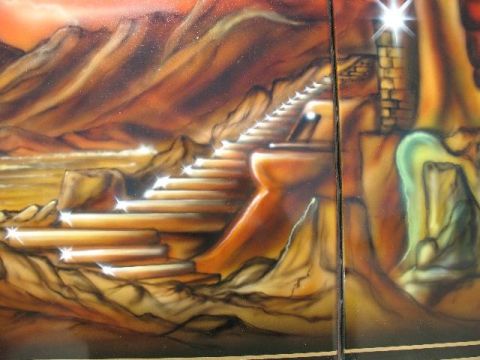 1978 Ford E250 - Airbrushed mural shows a fantasy landscape with a glowing staircase and a tower-like structure.