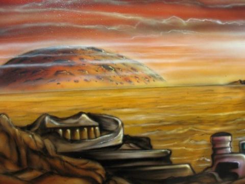 1978 Ford E250 - This airbrushed artwork depicts a surreal alien landscape with a desolate terrain and unusual architectural elements.