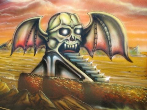 1978 Ford E250 - An airbrushed fantasy scene depicts a winged skull figure against a dramatic sunset sky.