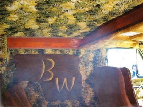 1978 Ford E250 - Van interior features custom upholstery on the ceiling, walls, and seats, with 'BW' initials visible.