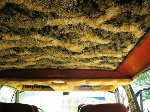 1978 Ford E250 - Interior view of a van's shag carpeted ceiling, showing a distinctive striped pattern.