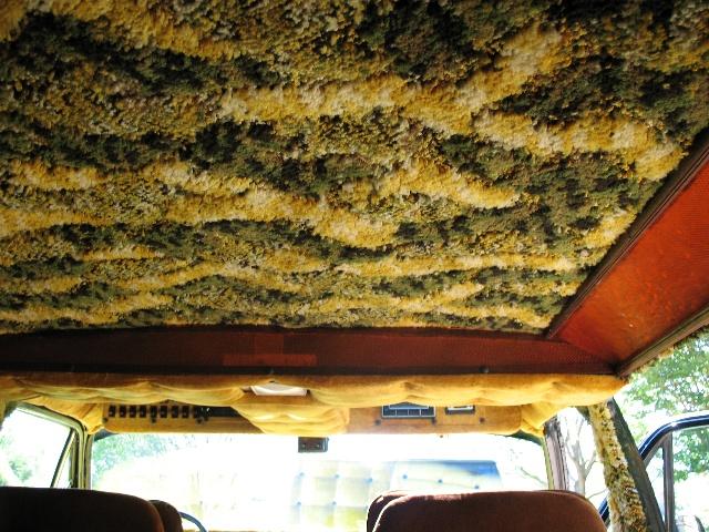 Van interior ceiling covered in shag carpet with yellow, green, and white stripes. Sun visors and part of the dashboard are visible below