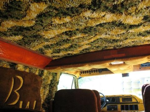 1978 Ford E250 - The van's interior features a distinctive shag carpet lining the ceiling and walls, with plush brown seating.