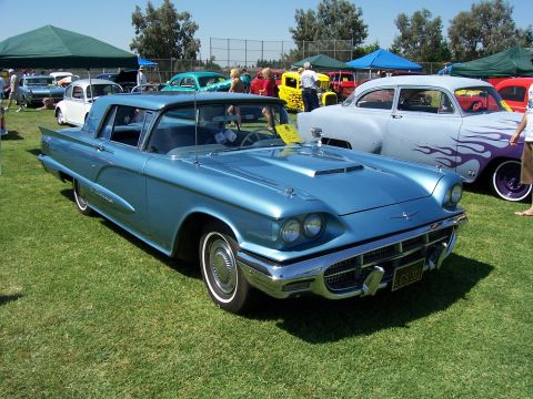 2002 Ford Mustang - A blue 1958 Ford Thunderbird is parked on the grass at an outdoor car show with other vehicles in the background.